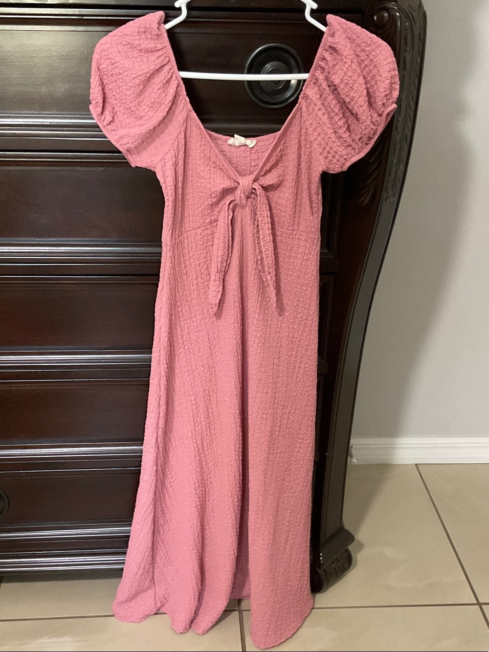 See You Monday Dusty Pink Puff-Sleeve Tie-Front Maxi Dress